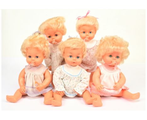 Palitoy vintage Tiny Tears 1980s x five, and some accessories: (1) - (3) Tiny Tears dolls wearing late 1981 clothing (two pin