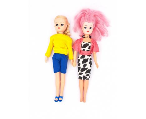 Pedigree Sindy pair of vintage 1980s dolls: (1) Pink haired (Space Fantasy) doll wearing 1985 Fashion Fun, surface of jacket 