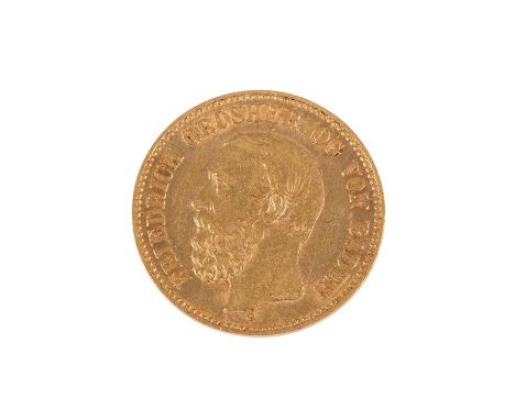 Großherzogtum Baden/Gold - 5 Mark 1877/G, Großherzog Friedrich, ss-vz, berieben, Tönung, Kratzer, minimal verschmutzt, mehrer