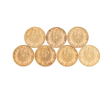 7 x Großherzogtum Baden/Gold - 10 Mark 1875/ 1876/ 1877/ 1878/ 1879/ 1881/1888/G, Großherzog Friedrich, ss, Tönung, partiell 