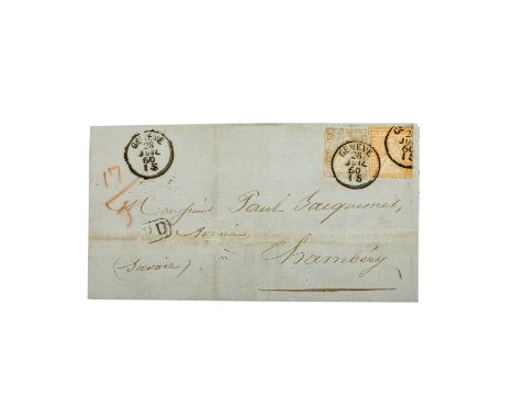Schweiz - 1855/57, 1 Franken hellbläulichgrau (II. Berner Druck, gelber Seidenfaden) und 20 Rappen gelborange (II. Berner Dru