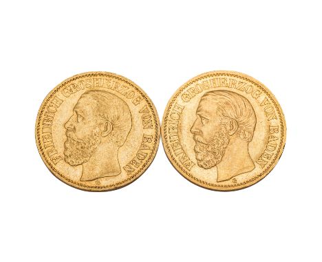 2 x Großherzogtum Baden/Gold - 10 Mark 1872/ 1873/G, Friedrich, 1 x ss, berieben, Kratzer, Randfehler, Tönung, 1 x vz, Randfe