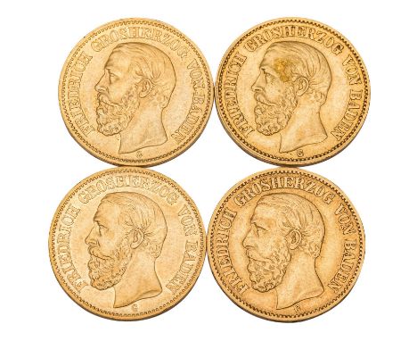 4 x Großherzogtum Baden/Gold - 20 Mark 1894/1895/G und 1872/1873/G, Großherzog Friedrich, Erhalt ss, berieben, Kratzer, parti