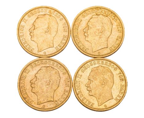 4 x Großherzogtum Baden/Gold - 20 Mark 1911/ 1912/ 1913/ 1914/ G, Friedrich II., ss, Kratzer, berieben, Tönung, Kerben, Randk