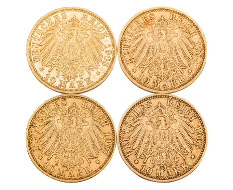 4 x Großherzogtum Baden/Gold - 10 Mark 1903/ 1904/ 1906/ 1907/ G, Großherzog Friedrich, Erhalt ss, Tönung, berieben, Kratzer,