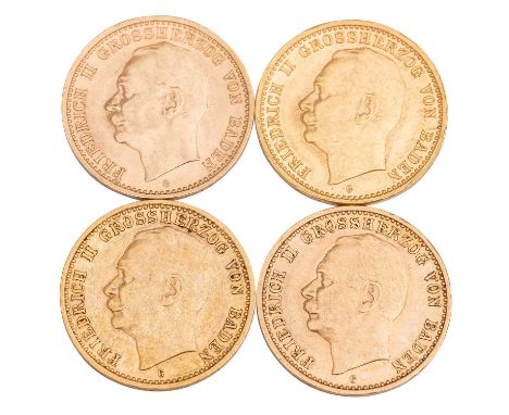 4 x Großherzogtum Baden/ Gold - 10 Mark der Jahre 1909/ 1910/ 1912/ 1913/ G, Großherzog Friedrich II, ss-vz, z.T. minimal ver