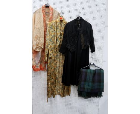 A light weight tartan plaid, a Victorian beaded black silk&nbsp;top and skirt and two silk wraps Condition Report:Available u