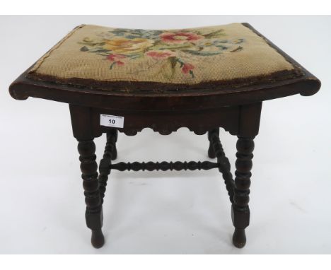 A Victorian mahogany framed stool with tapestry upholstered seat on turned bobbin stretchers and supports, 44cm high x 46cm w
