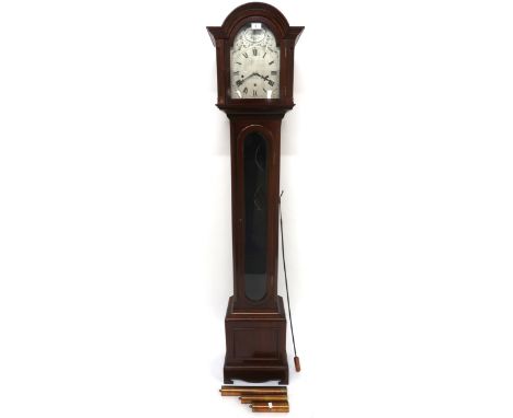 A 20th century mahogany cased Brierley Wood &amp; Co Tempus Fugit grandmother clock with engraved silver dial bearing roman n