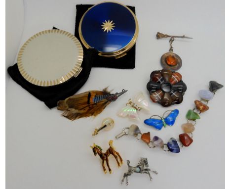 A silver and enamel butterfly brooch, a Scottish agate brooch, and other items of silver and costume jewellery including two 