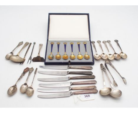 A collection of silver including a set of Danish silver gilt and blue enamel coffee spoons, the terminal shaped as a crown, a