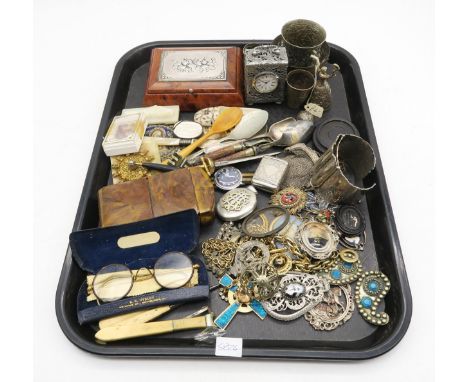 An eclectic mixed lot, to include cased spectacles by S.R. Hyslop, Edinburgh, a large white metal locket monogrammed "AIC", v