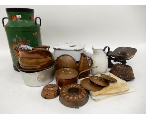 A mixed lot to include barge ware milk churn, copper bunt pans, enamel ware basin, bread bin etc Condition Report:Available u