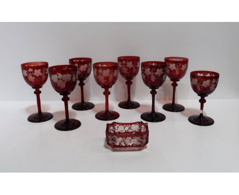 A set ruby flashed and cut drinking glasses, and a similar rectangular dish Condition Report:Available upon request