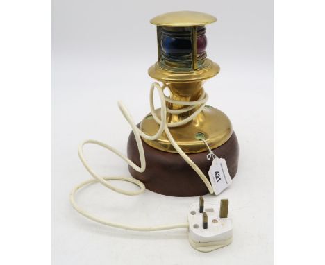 A squat brass port and starboard light on wooden base, standing approx. 22cm high overall Condition Report:Available upon req