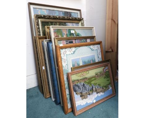 A large mixed lot consisting sixteen assorted framed tapestries, silk works etc, some depicting hunting scenes (16) Condition