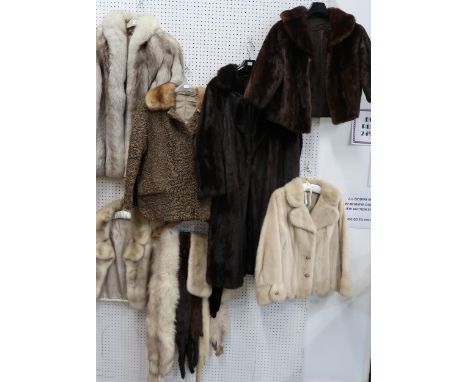 A light brown fox fur jacket, a pale brown beaver lamb&nbsp; jacket, two pale blonde mink short jackets, a long probably Musq