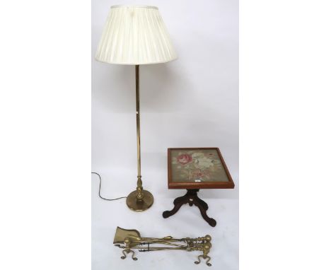 A Victorian mahogany tapestry topped occasional table on tripod base, brass standard lamp and brass fire tools and pair of ac