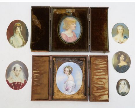 A collection of seven various portrait miniatures, to include four painted on ivory; the large portrait of a young woman in a