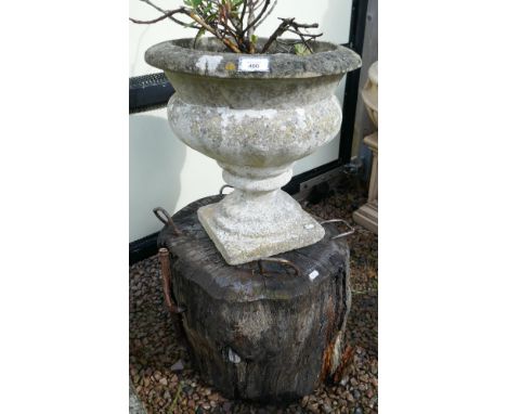 Stone pedestal planter on wooden plinth - Height 84cm 