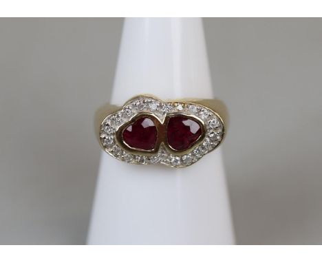 Gold ruby and diamond double heart ring - Size N½