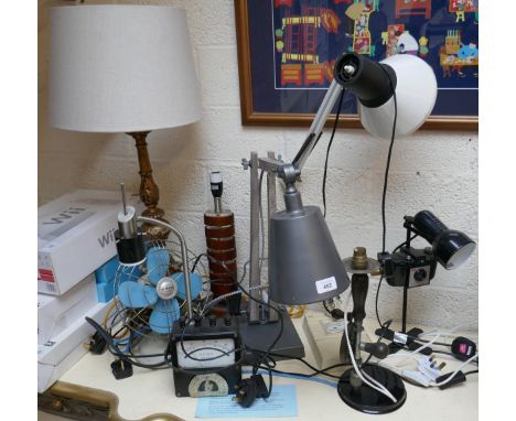 Collection of lamps, brass light fitting and vintage fan 