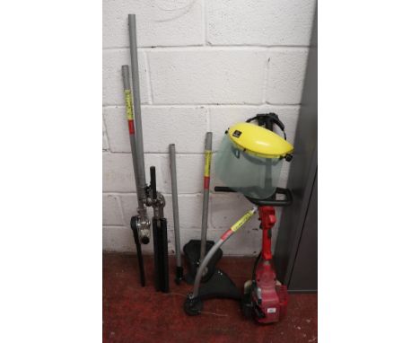 2 stroke petrol engine together with heavy duty trimmer, chainsaw, plastic trimmer, hedge trimmer, extension and helmet