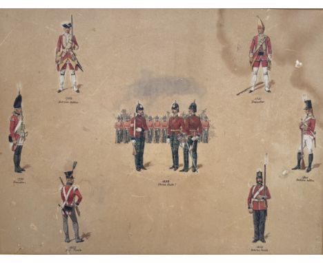MILITARIA: Attributed to Reginald Augustus Wymer, watercolour, evolution of British military uniforms, 1742 - 1892, print, 35