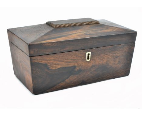 A Victorian rosewood sarcophagus shaped tea caddy, bone escutcheon, three sectioned interior, 31 cm wide 