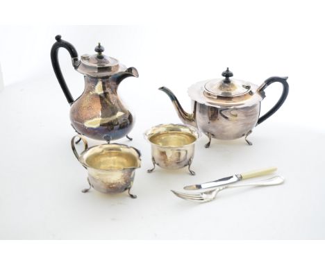 A collection of silver plate, including a tea set comprising teapot, sugar bowl and milk jug, teapot with ebonised handle, al