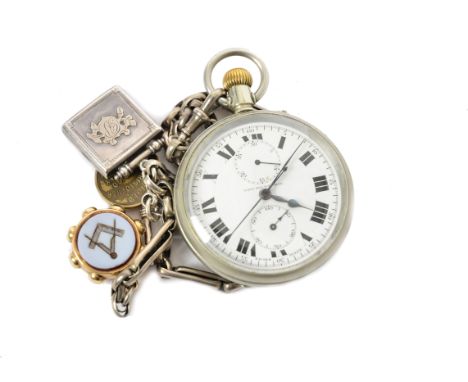 A West End Watch Co. open pocket watch, white enamel circular dial, Roman and Arabic numerals, two subsidiary dials, on a cha