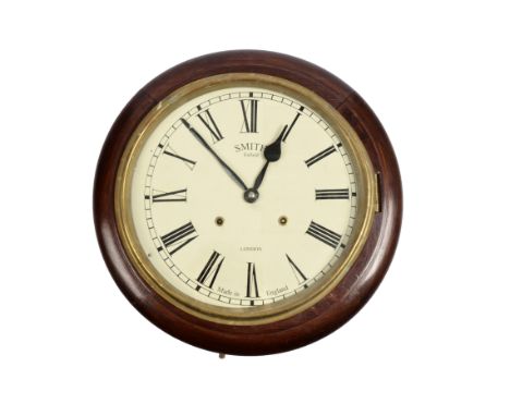 A mahogany wall clock by Smith Enfield, 8 day movement, brass and glazed door revealing enamel dial, Roman numerals, 40.5 cm 