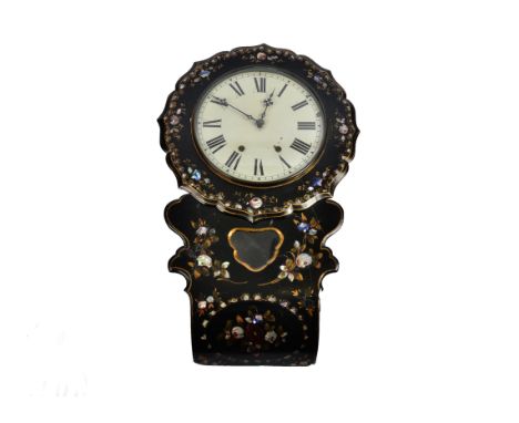 A 19th Century American drop dial wall clock, the tinplate dial with Roman numerals, the paper-mache bezel decorated with mot