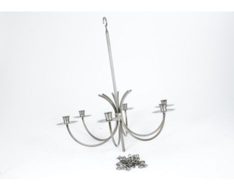 A modern steel chandelier, six curved branches, circular drip pans, 54 cm high, together with ceiling hook and chain
