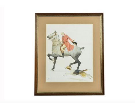 After Cecil Aldin (1870-1935) chromolithograph, 'The Huntsman', 41.5 cm x 33.5 cm, framed and glazed; together with Michael L