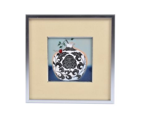 A 20th Century Japanese enamel plaque, depicting a black and white vase with single flower, 11 cm x 11 cm, framed and in orig