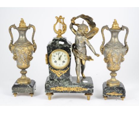 A French three piece verde antico marble and ormolu mounted clock garniture, comprising clock with white enamel dial and Arab