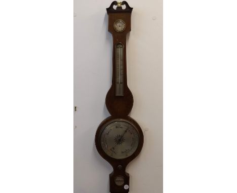 A 19th Century mahogany cased and strung banjo barometer, swan neck pediment, 98 cm high; together with Victorian slate cased