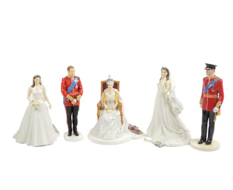 A collection of ceramic figures featuring the British Royal Family, including Royal Doulton Elizabeth II 'Diamond Jubilee', H