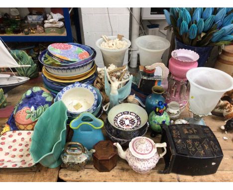 Group of art pottery, lamps, large pottery vase with paper flowers, Murano glass clown, etc