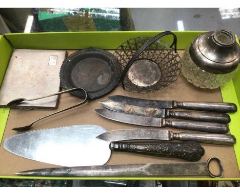 Group of silver to include cigarette case, pin dish, small basket, pair of sugar tongs, meat skewer, silver topped glass bott