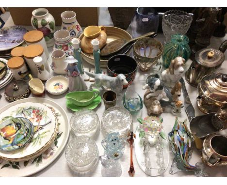 Group of ceramics, glass and ornaments including Nao dogs, Mdina art glass vase, Poole pottery vases and plated ware