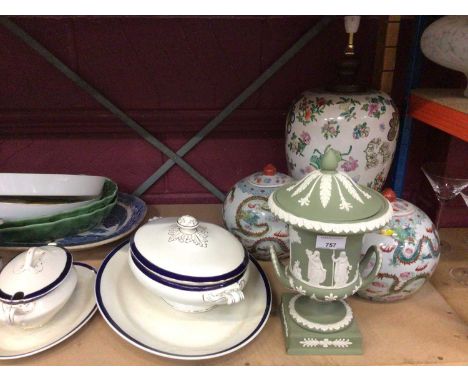 Oriental style table lamp and two urns with lids, Victorian tureen and two others, plus Wedgwood classical vase and Eavesham 