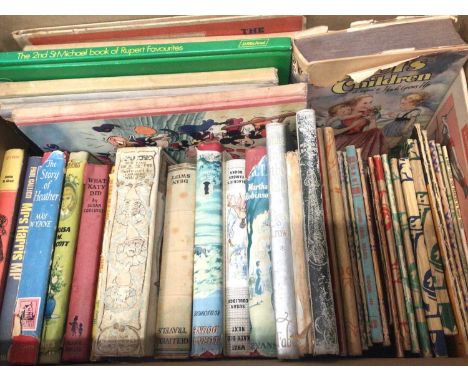 Box of children's books, annuals and vintage school work books