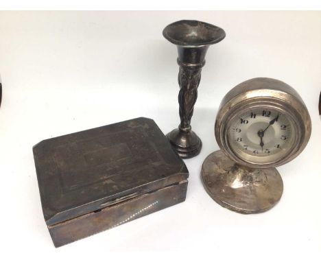 1950s silver cigarette case, silver desk clock and an Art Nouveau silver spill vase