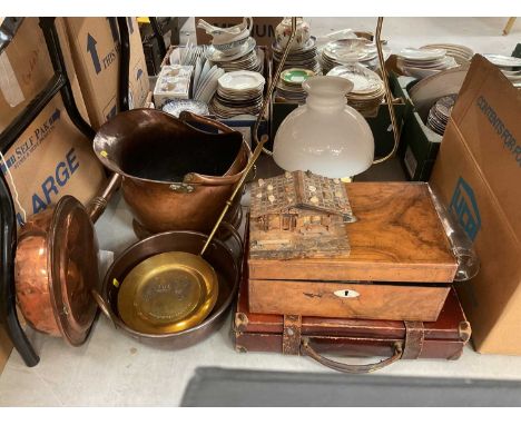 Victorian burr walnut veneered writing slope, copper coal scuttle, hanging oil lamp and sundry items.
