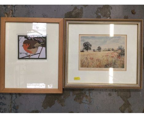 Signed limited edition print, Robin in Snow, and signed print Cornfield with Poppies, plus four culinary prints (6)