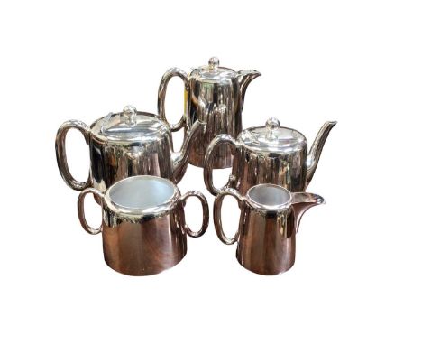 Walker &amp; Hall silver plated five piece tea and coffee set, a faceted silver plated tea and coffee pot, a toast rack, pepp