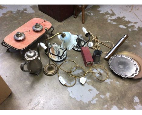 Group of items, including silver plate, brass lamp with Vaseline shade, etc