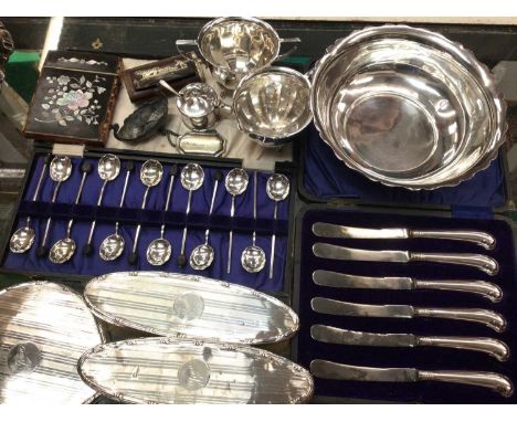 Silver backed dressing table items, bowl stamped 'silver' to base, silver handled butter knives, silver plated items, wooden 